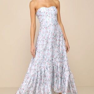 Gorgeous Desire Light Blue Floral Strapless High-Low Maxi Dress